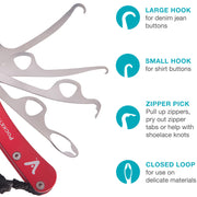 A pocket multi-tool with a red handle and silver metal tools fanned out, shown alongside text callouts describing its uses: large hook for denim jean buttons, small hook for shirt buttons, zipper pick, and closed loop for delicate materials.
