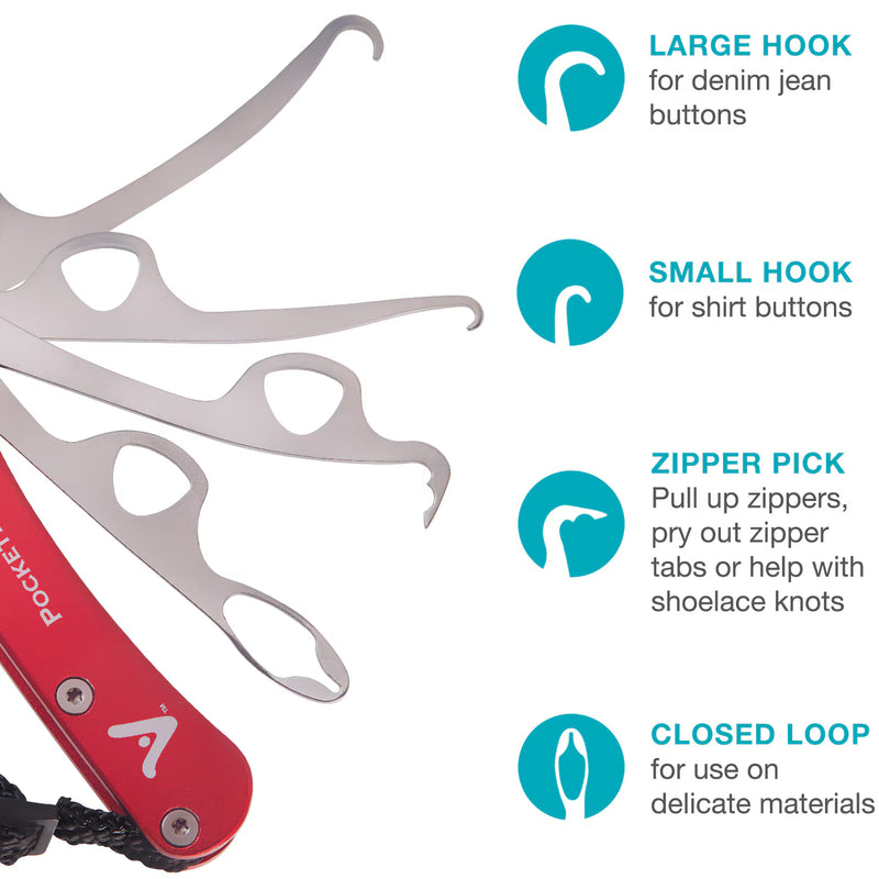 A pocket multi-tool with a red handle and silver metal tools fanned out, shown alongside text callouts describing its uses: large hook for denim jean buttons, small hook for shirt buttons, zipper pick, and closed loop for delicate materials.