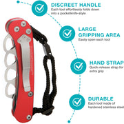 A red multi-tool pocket knife with a black wrist strap and brass knuckle tool, shown on a white background with teal feature callouts reading 'DISCREET HANDLE,' 'LARGE GRIPPING AREA,' 'HAND STRAP,' and 'DURABLE.'.