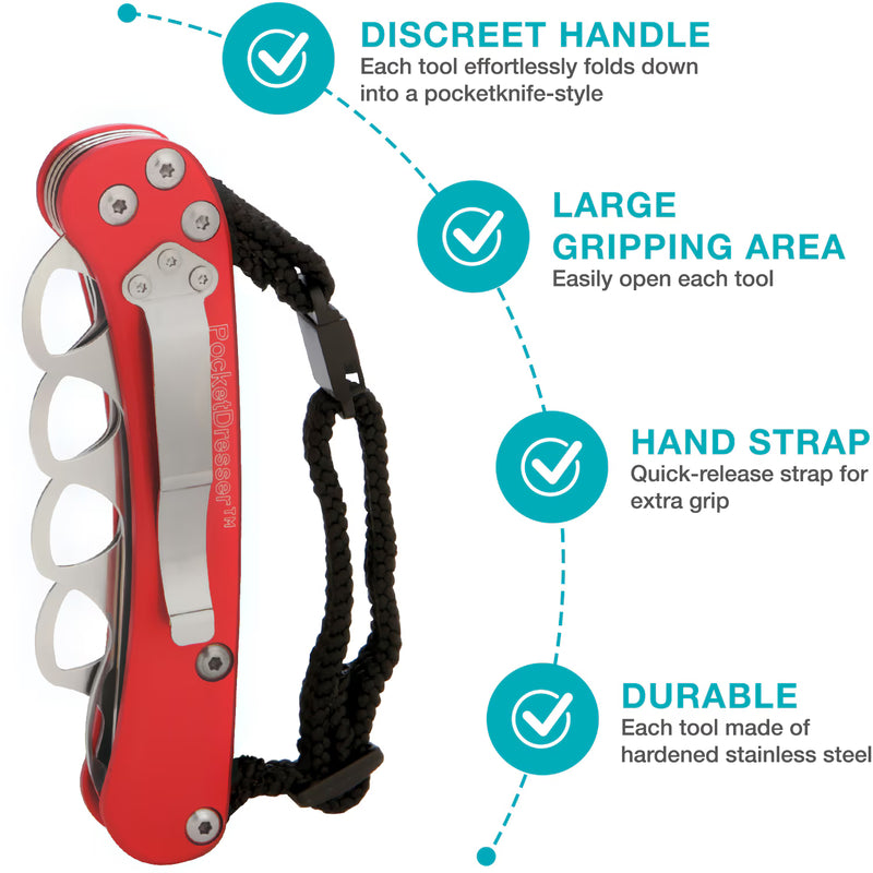 A red multi-tool pocket knife with a black wrist strap and brass knuckle tool, shown on a white background with teal feature callouts reading 'DISCREET HANDLE,' 'LARGE GRIPPING AREA,' 'HAND STRAP,' and 'DURABLE.'.