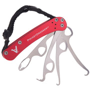 Red pocket tool with metal components on a white background