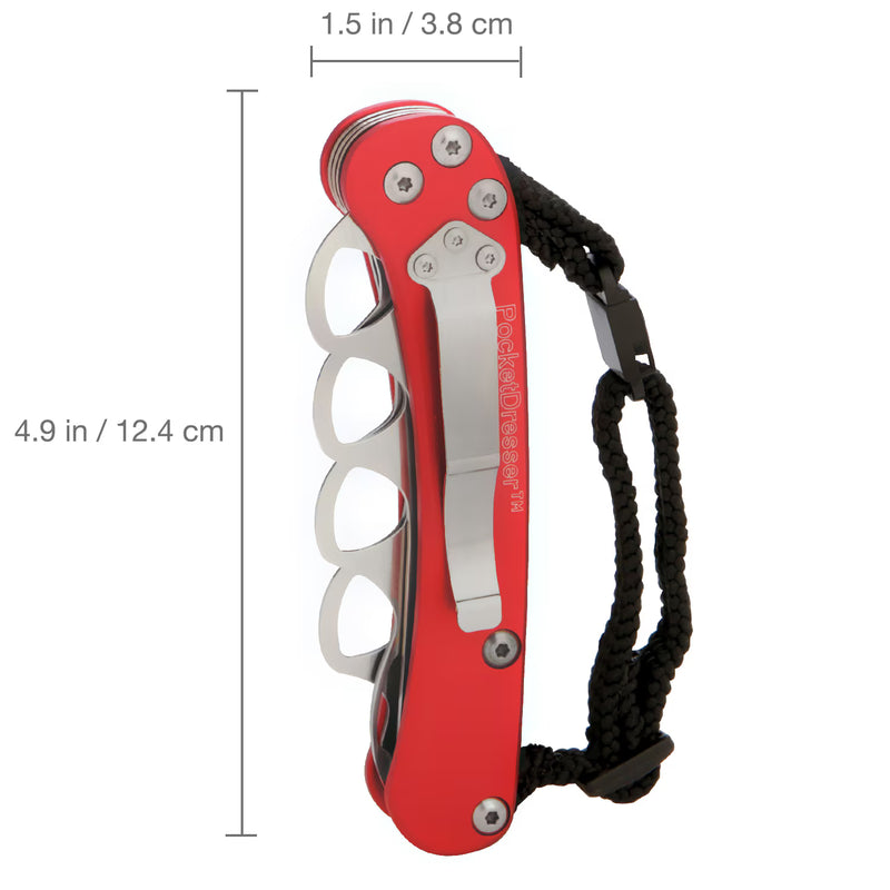 Red multi-tool with knuckle duster and rope handle, shown with measurements on a white background.