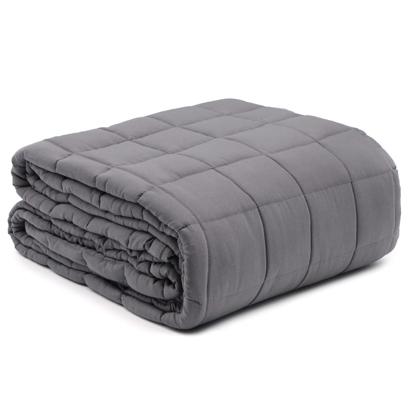 A folded gray quilted blanket with a grid pattern, shown on a clean white background.