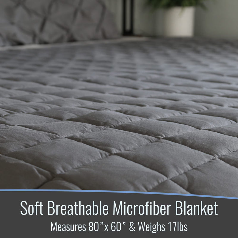 Gray soft breathable microfiber blanket on a bed with text about dimensions and weight.