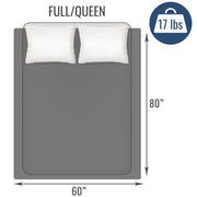 Gray fitted sheet on a bed with dimensions and weight information.
