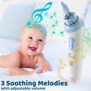 A handheld baby soothing device with a clear top and light blue accents, shown next to a smiling baby on a white blanket with musical note graphics and text reading '3 Soothing Melodies With adjustable volume'.