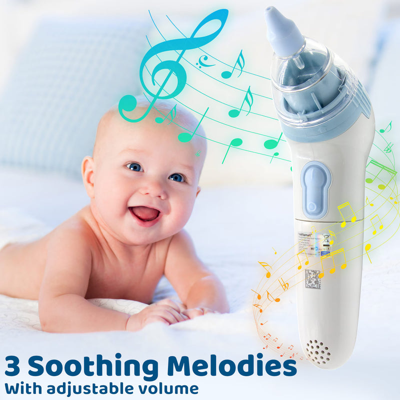 A handheld baby soothing device with a clear top and light blue accents, shown next to a smiling baby on a white blanket with musical note graphics and text reading '3 Soothing Melodies With adjustable volume'.