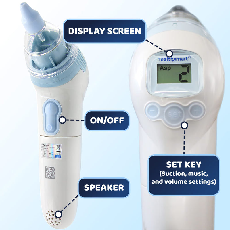 A handheld baby bottle cleaning or feeding device shown on a light blue gradient background with callout labels pointing to its display screen, on/off switch, speaker, and set key.