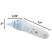 A handheld electronic nasal aspirator shown on a white background with dimension arrows and labels indicating a length of 7.7 inches, a tip width of 2.