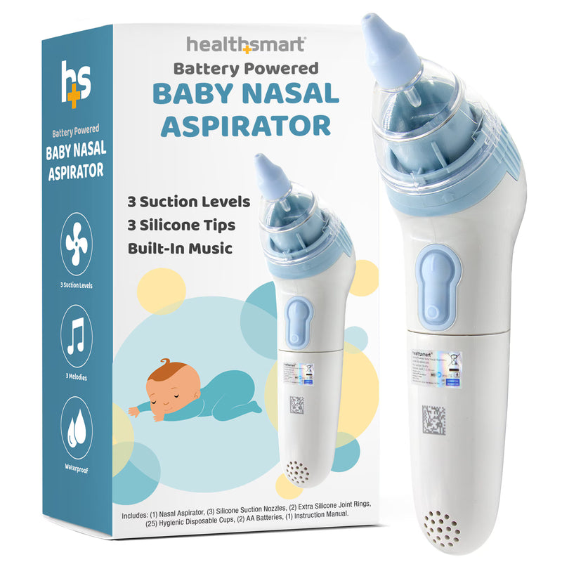 Healthsmart battery powered baby nasal aspirator shown next to its retail packaging box. The product is white with light blue accents, featuring a clear protective cap, a blue trigger button, and a flexible silicone nozzle.