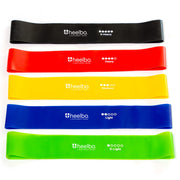 Set of five resistance bands in black, red, yellow, blue, and green with 'heelbo' branding.