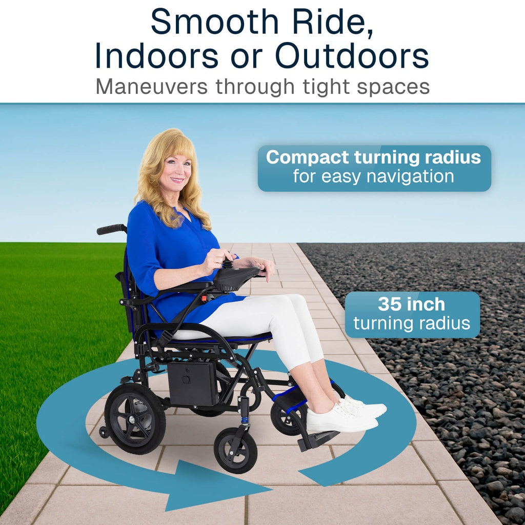 Woman using a wheelchair on a path with text about smooth ride and compact turning radius.