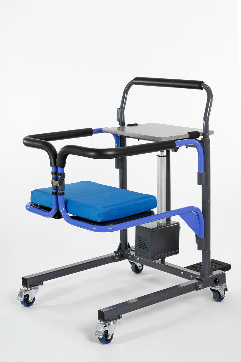 Medical lift chair with blue cushion on a white background