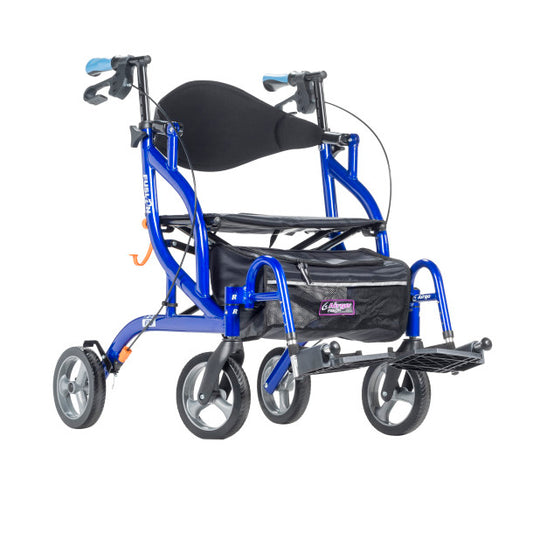 Blue walker with black seat and bag on a white background