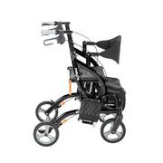Black and gray stroller with a bag on a white background