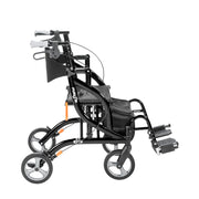 Black and gray mobility device with four wheels on a white background