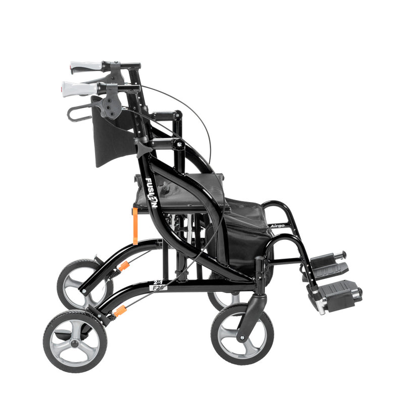 Black and gray mobility device with four wheels on a white background