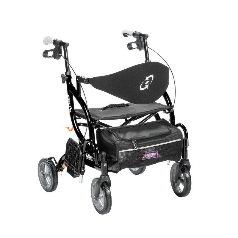 Black walker with seat and storage bag on a white background