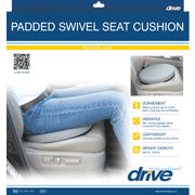 Drive brand padded swivel seat cushion retail packaging card, featuring a large photo of a car seat with a person's legs resting on it, a small inset of the cushion installed, and feature callouts on the right.