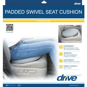 Drive brand padded swivel seat cushion retail packaging card, featuring a large photo of a car seat with a person's legs resting on it, a small inset of the cushion installed, and feature callouts on the right.