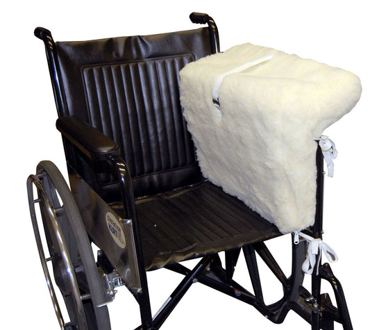 Wheelchair with a white sheepskin cover on a white background
