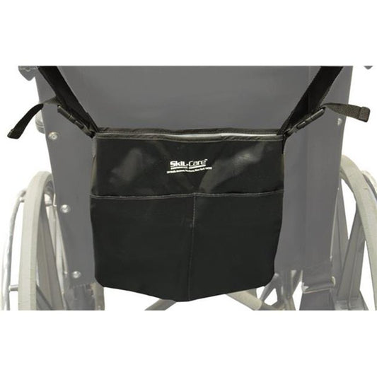 Black wheelchair storage bag attached to a wheelchair on a white background