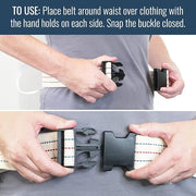 Instructions on how to use a belt with a buckle, showing hands adjusting the belt.
