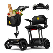Black electric mobility scooter with a front basket filled with groceries, shown on a white background with a smaller inset view of the folded scooter.