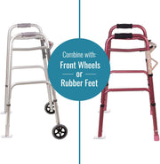 Two walkers, one with wheels and one without, on a white background with text about combining them with front wheels or rubber feet.