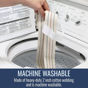 Strip of fabric being placed into a washing machine with text indicating machine washability.