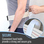 Person using a strap with convenient hand holds on a plain background
