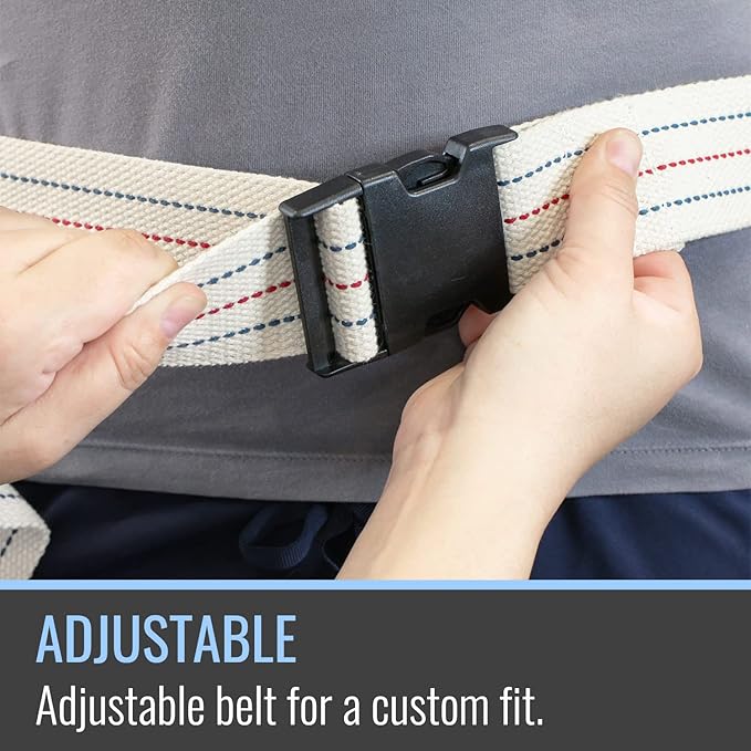 Adjustable belt being fastened with text 'Adjustable belt for a custom fit'.