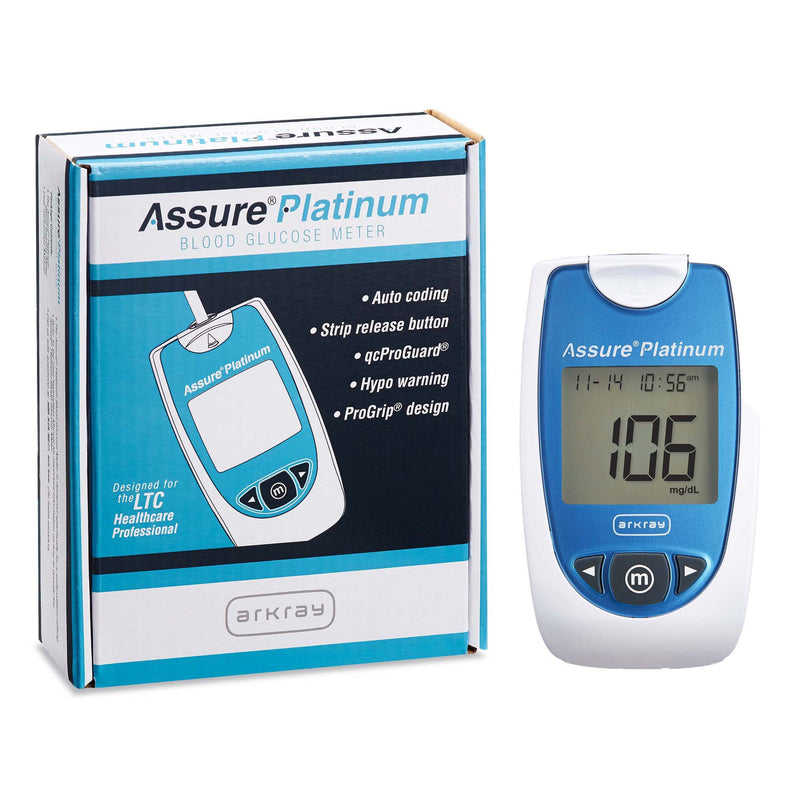 Assure Platinum blood glucose meter with packaging on a white background