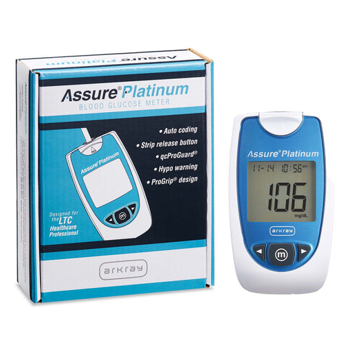 Assure Platinum blood glucose meter with packaging on a white background