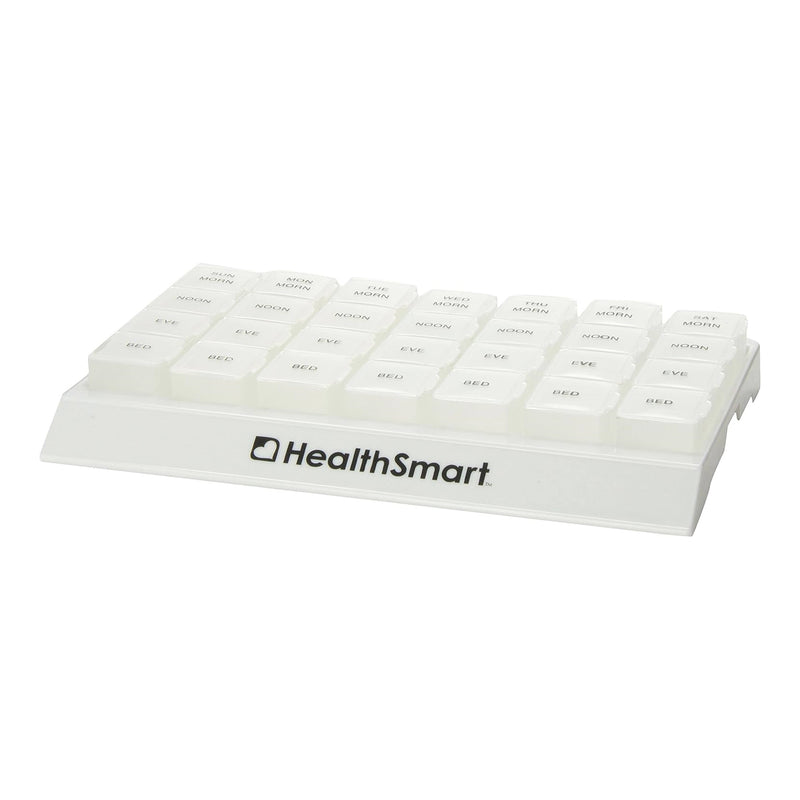 White pill organizer with 'HealthSmart' branding on a white background