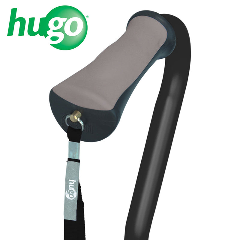 Cane with gray handle and black shaft on a white background, featuring the Hugo brand logo.