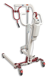A white and red motorized power lift chair with a wheeled base, shown against a solid green background.