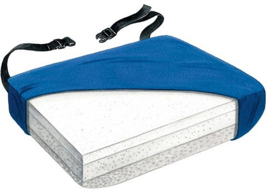 Blue wedge-shaped cushion with straps on a white background