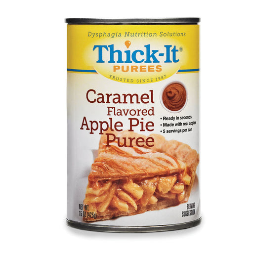 Can of Thick-It Caramel Flavored Apple Pie Puree on a white background