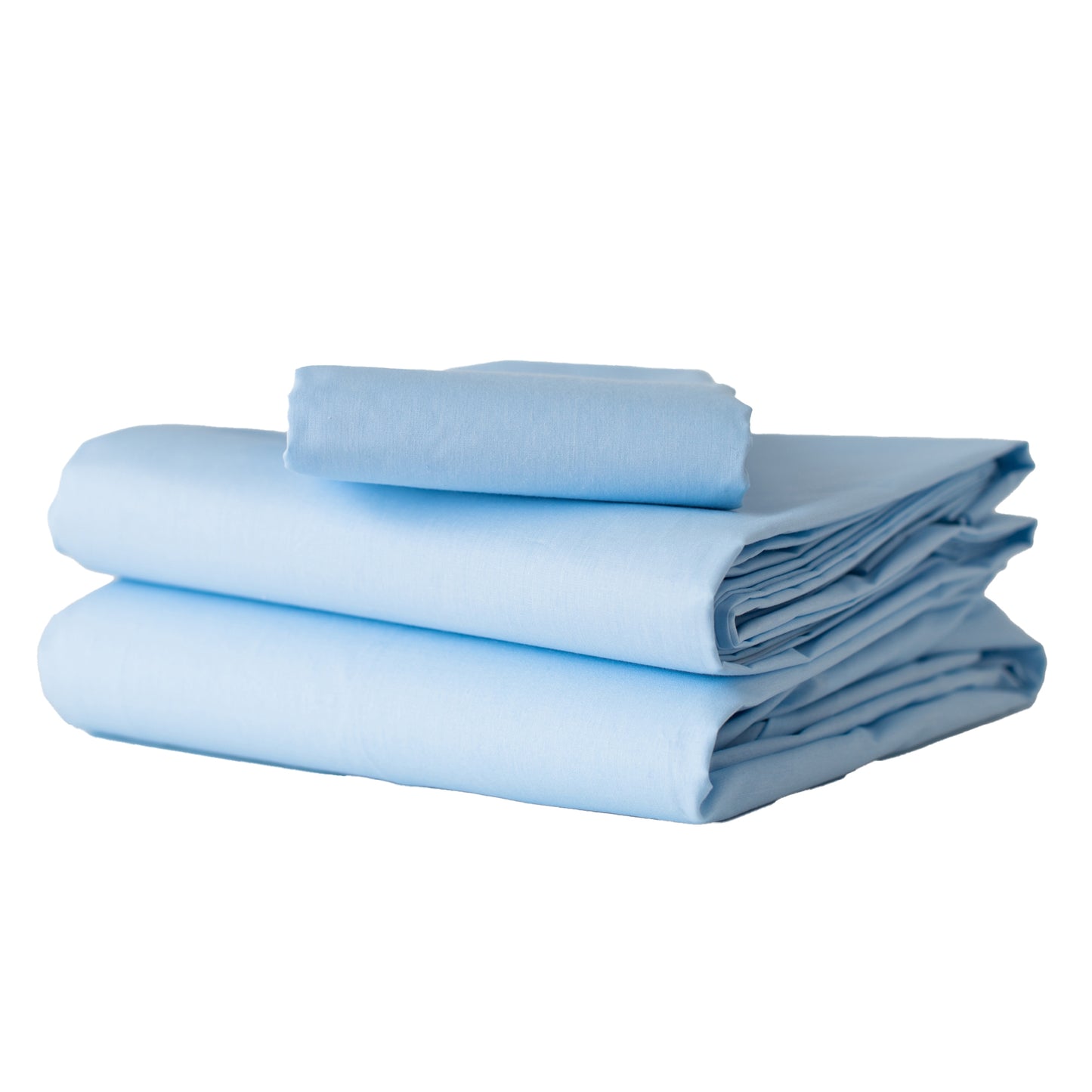 Folded light blue bed sheets on a white background