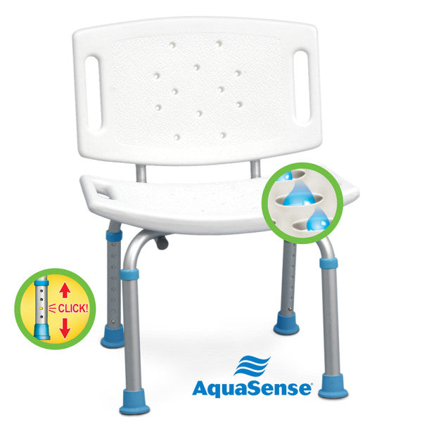 White shower chair with adjustable legs on a white background, featuring the AquaSense brand.