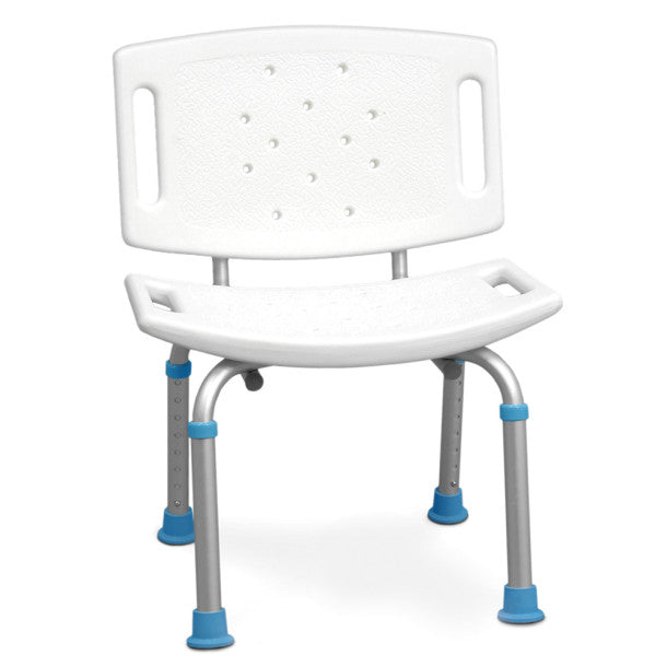 White shower chair with blue foot pads on a white background