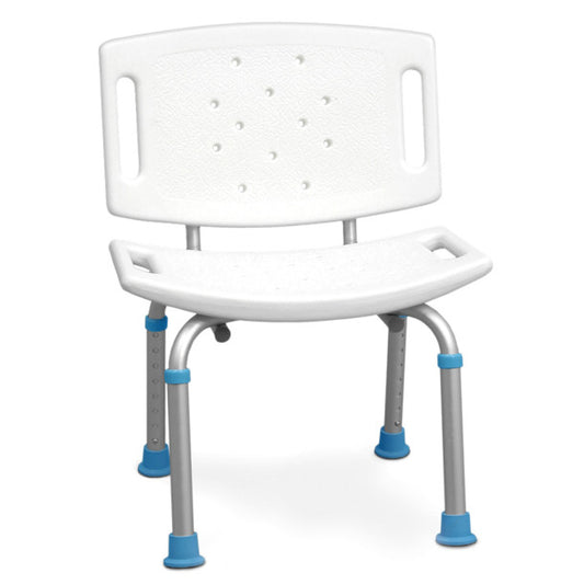 White shower chair with blue foot pads on a white background