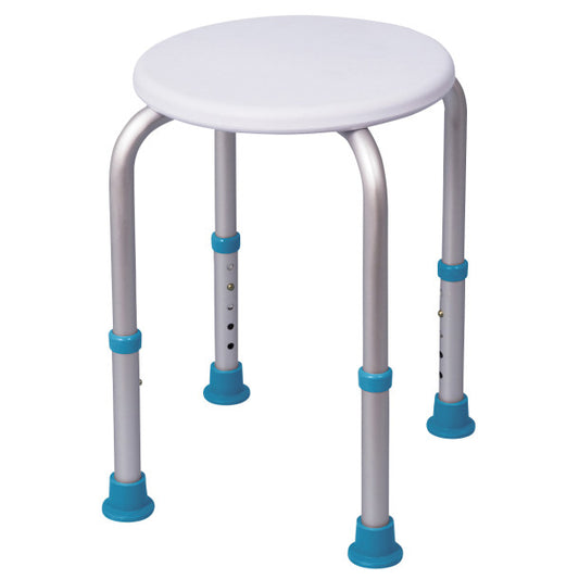 Adjustable height stool with white seat and blue foot pads on a white background