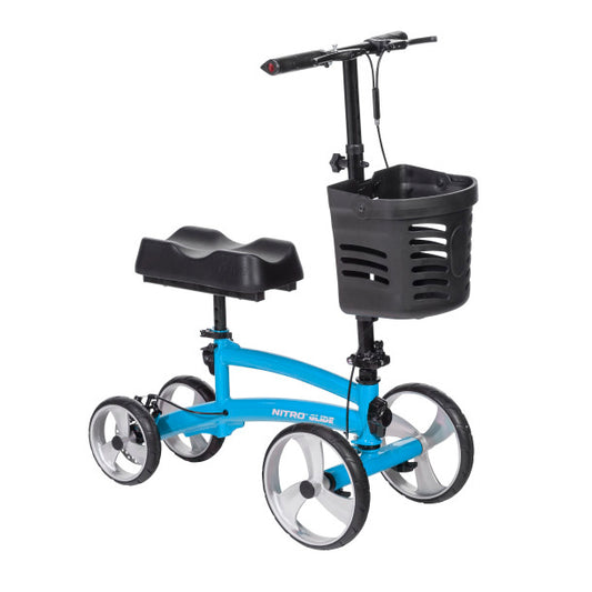 Blue knee walker with a black seat and basket on a white background