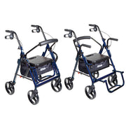 Two blue rollators with seats on a white background