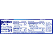 A Nutrition Facts label for a food product, showing serving size 1 TRAY (198g), calories 270, and nutritional information including total fat, saturated fat, cholesterol, trans fat, total carbohydrate, dietary fiber, sugars, sodium, and protein in a blue and white format.