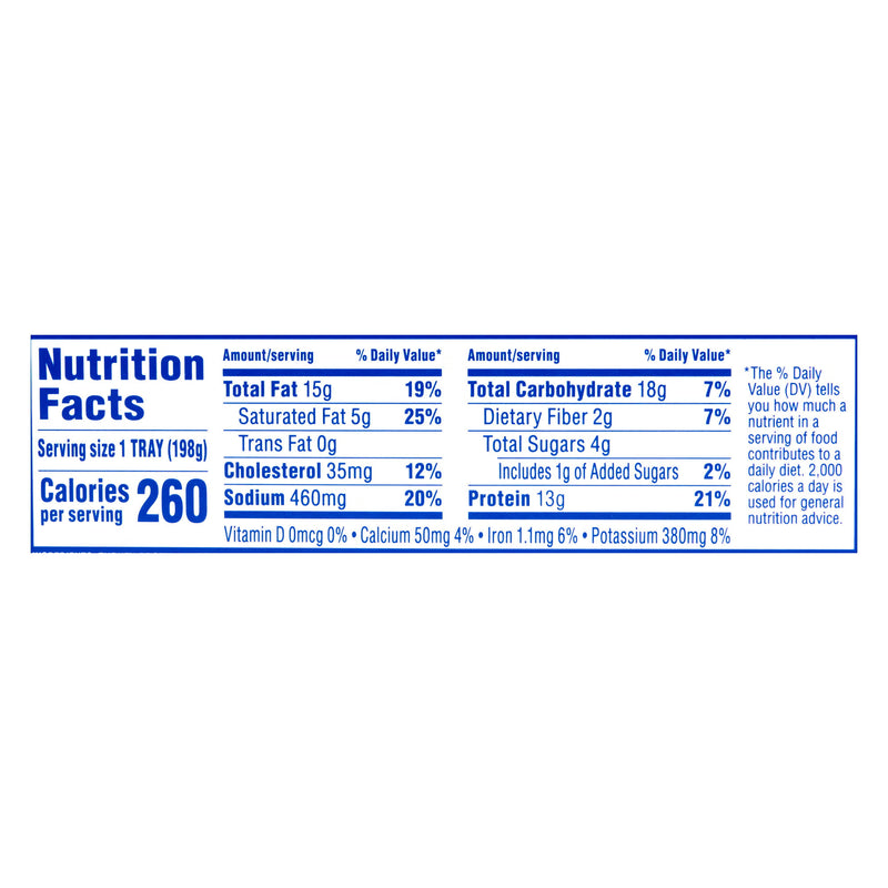 A Nutrition Facts label for a single tray of food, showing serving size 1 tray (190g), calories 260 per serving, and detailed macronutrient and micronutrient amounts with daily value percentages.