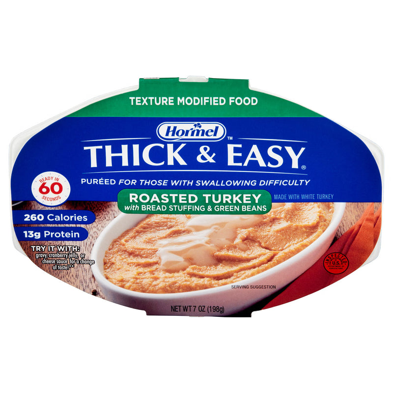 Hormel Thick & Easy roasted turkey with bread stuffing and green beans packaging on a white background