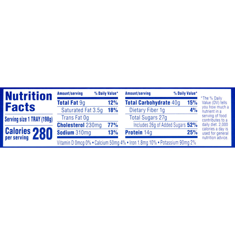 A Nutrition Facts label for a 1 TRAY serving size, showing daily value percentages and nutrients such as total fat, trans fat, cholesterol, sodium, protein, and sugars on a white background with a blue border.